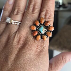 Turquoise and Orange Mojave Adjustable Ring